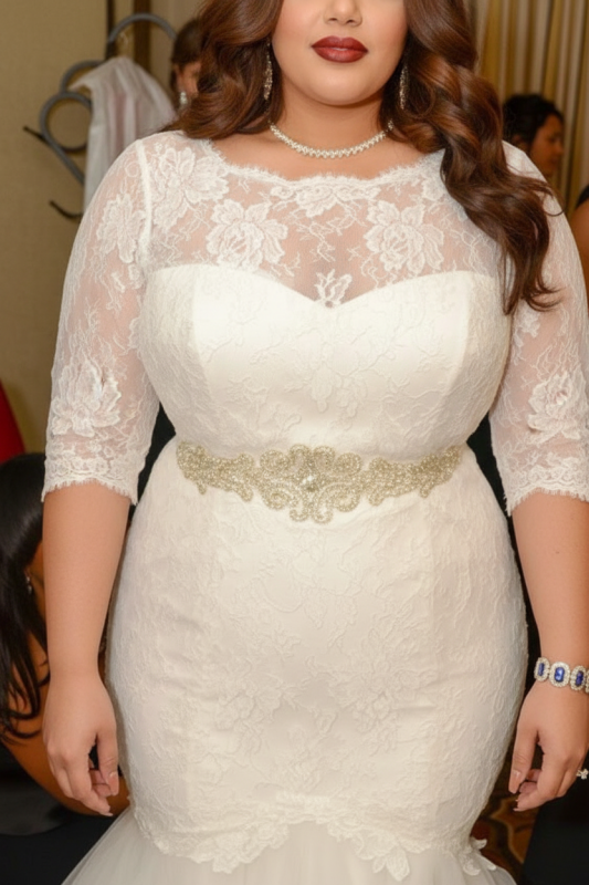 Half Sleeves Sashes Mermaid Wedding Dresses Plus Size