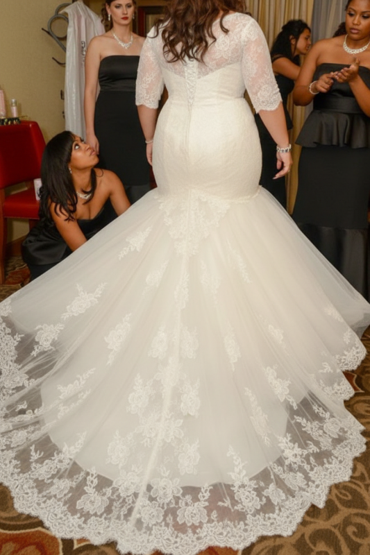 Half Sleeves Sashes Mermaid Wedding Dresses Plus Size