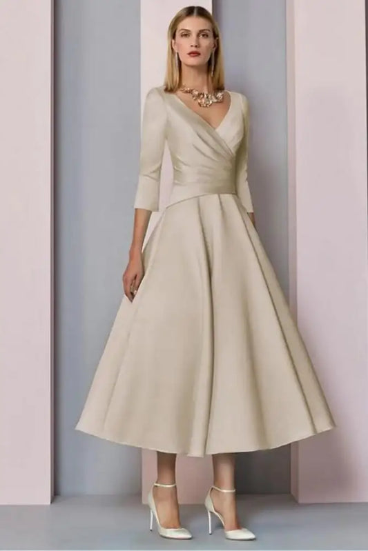 Half Sleeves Satin Wedding Guest Dress Ankle Length Mother of the Bride Dress