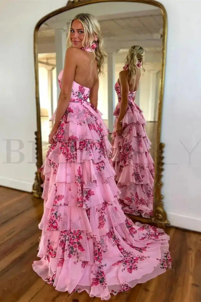 Halter Floral Pink Aline Evening Dress Ruffle Front Split Tulle Formal Dress