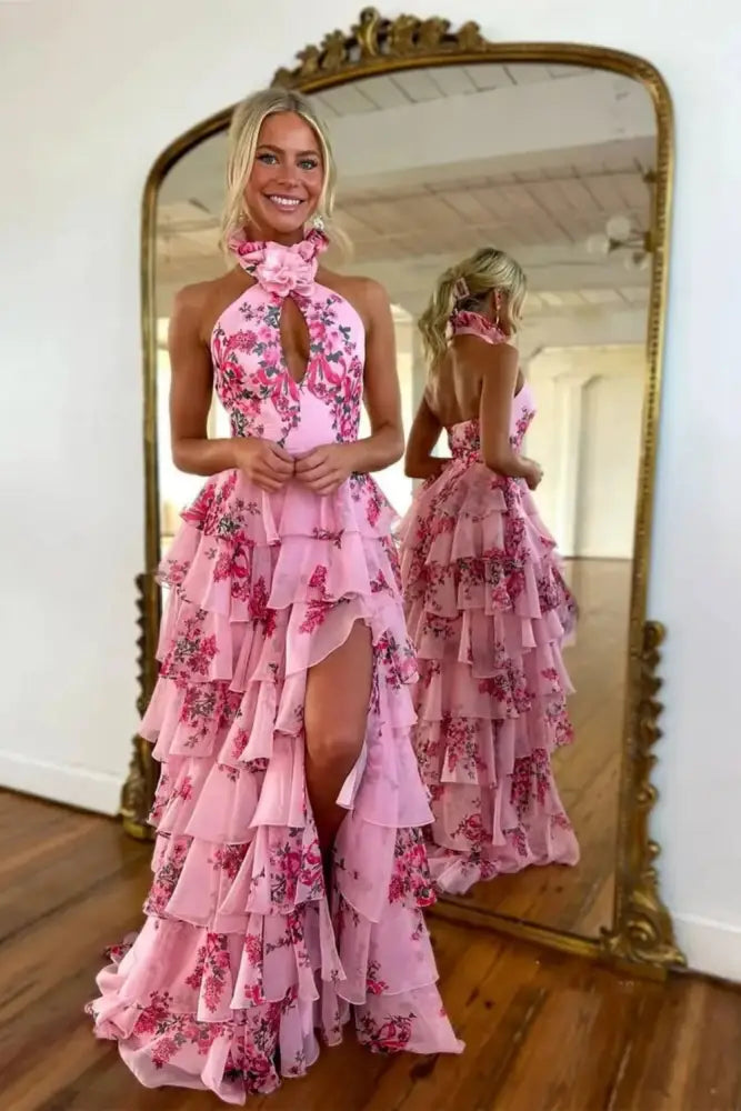 Halter Floral Pink Aline Evening Dress Ruffle Front Split Tulle Formal Dress