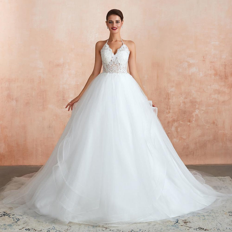 Halter Open Back Appliques Tulle Wedding Dress