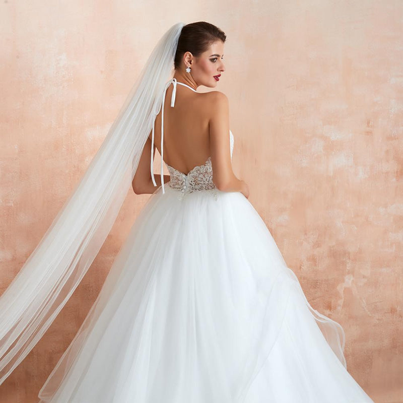 Halter Open Back Appliques Tulle Wedding Dress