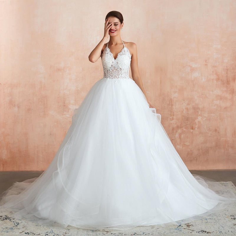 Halter Open Back Appliques Tulle Wedding Dress