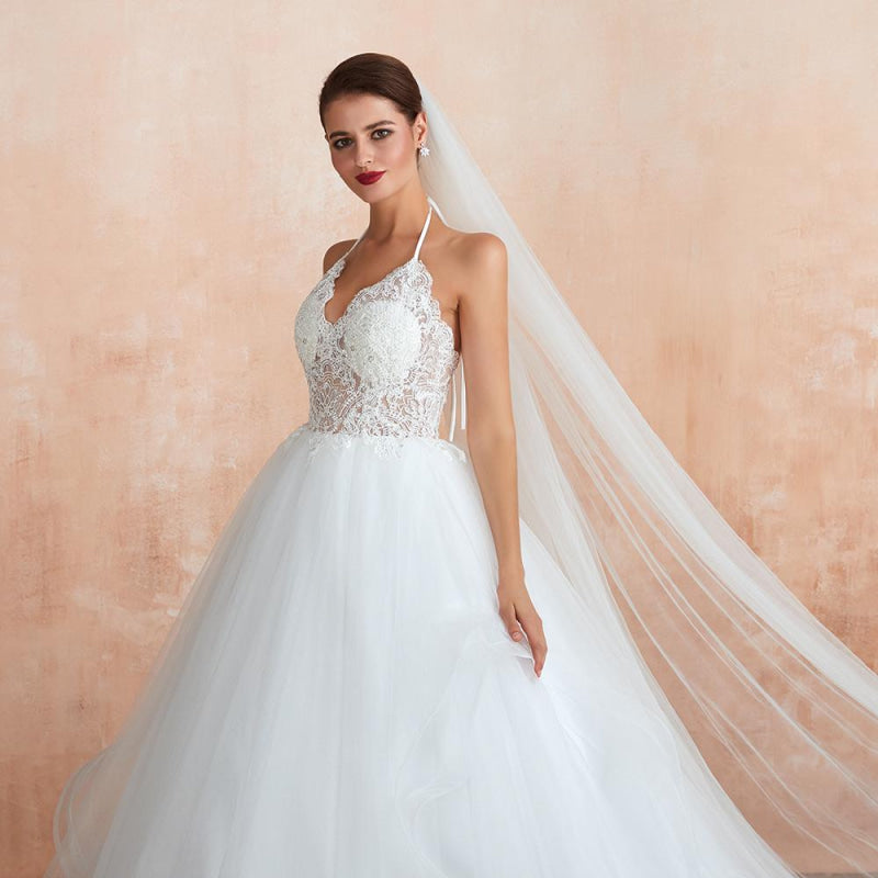 Halter Open Back Appliques Tulle Wedding Dress