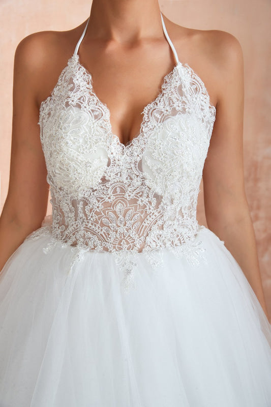 Halter Open Back Appliques Tulle Wedding Dress