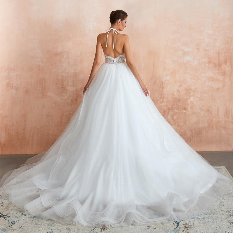 Halter Open Back Appliques Tulle Wedding Dress