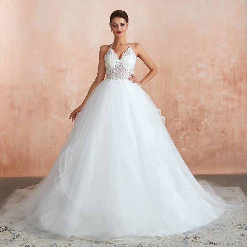 Halter Open Back Appliques Tulle Wedding Dress