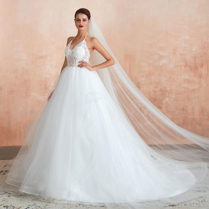 Halter Open Back Appliques Tulle Wedding Dress