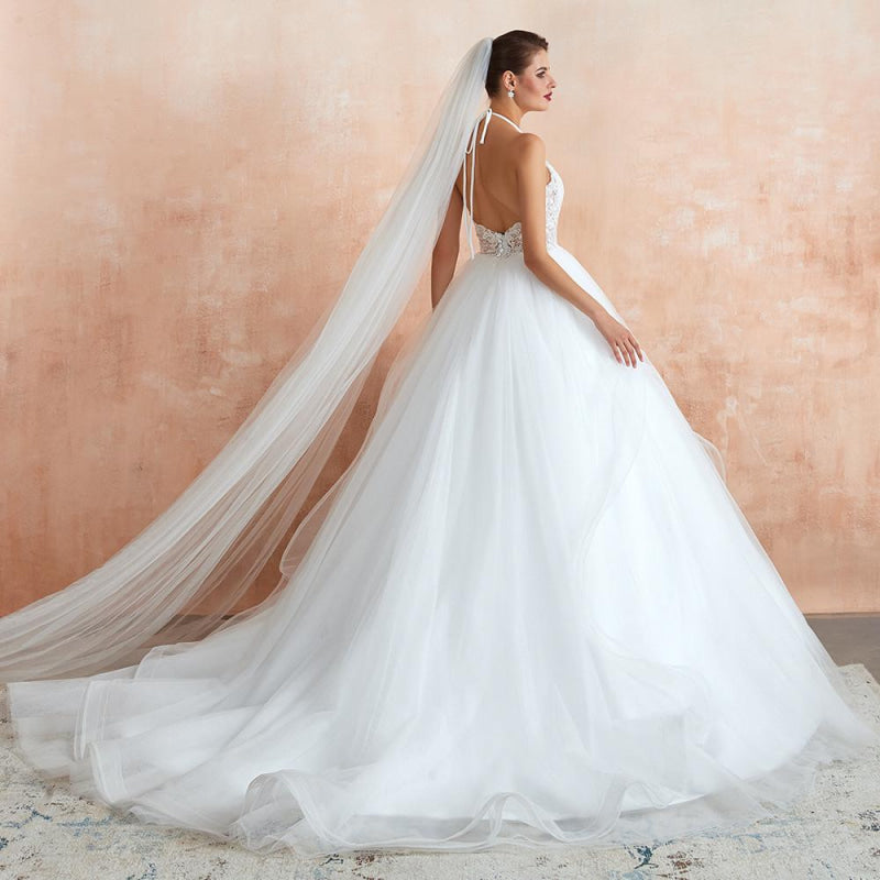 Halter Open Back Appliques Tulle Wedding Dress