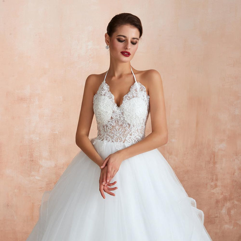 Halter Open Back Appliques Tulle Wedding Dress