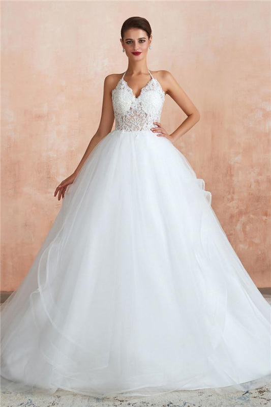 Halter Open Back Appliques Tulle Wedding Dress