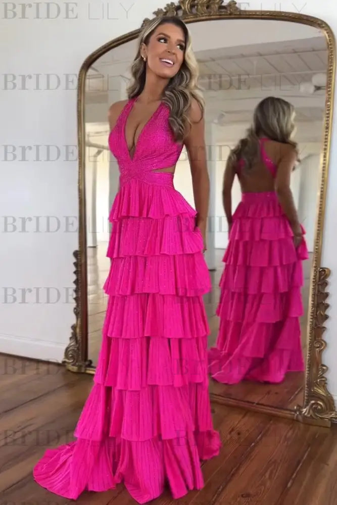 Halter Sequined Aline Prom Dress V-Neck Long Evening Dress with Split