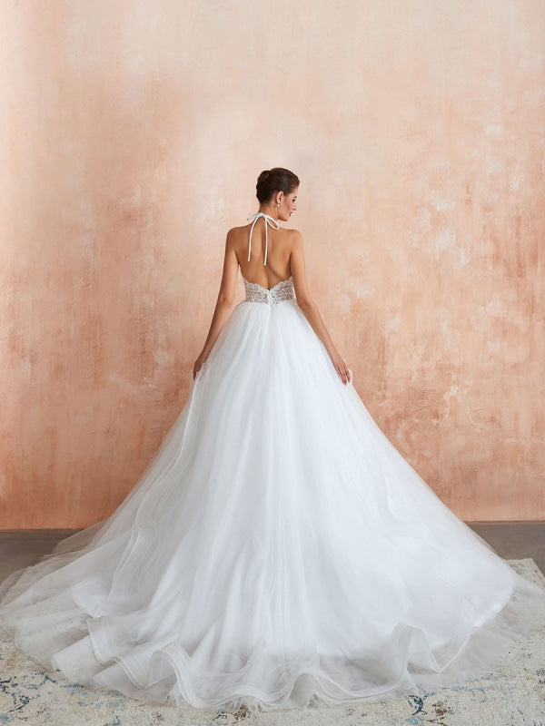 Halter Sleeveless Floor Length Lace Tulle Bridal Gowns With Train