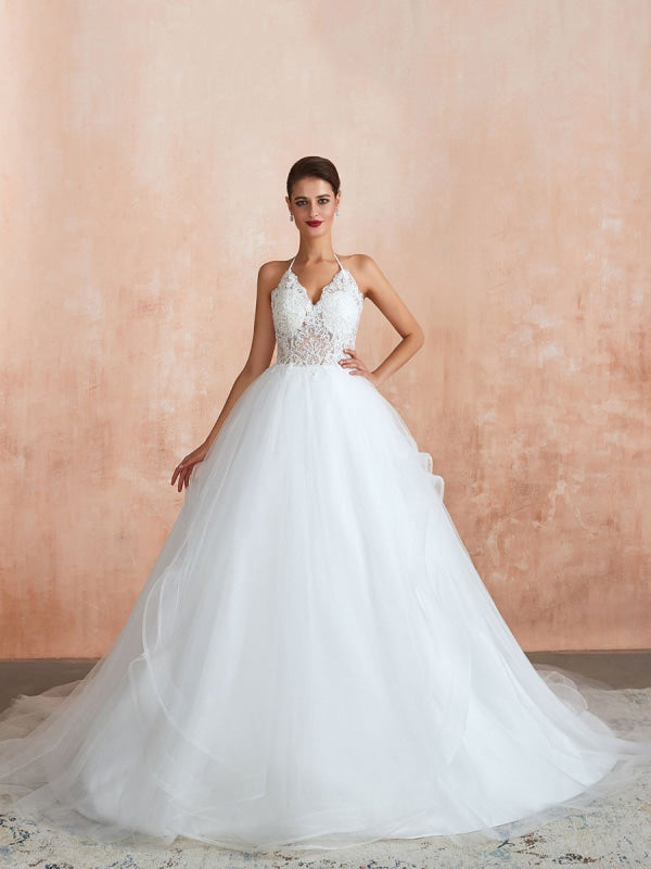 Halter Sleeveless Floor Length Lace Tulle Bridal Gowns With Train