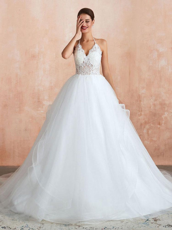 Halter Sleeveless Floor Length Lace Tulle Bridal Gowns With Train