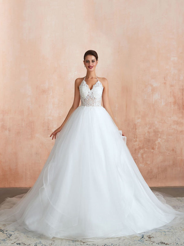 Halter Sleeveless Floor Length Lace Tulle Bridal Gowns With Train