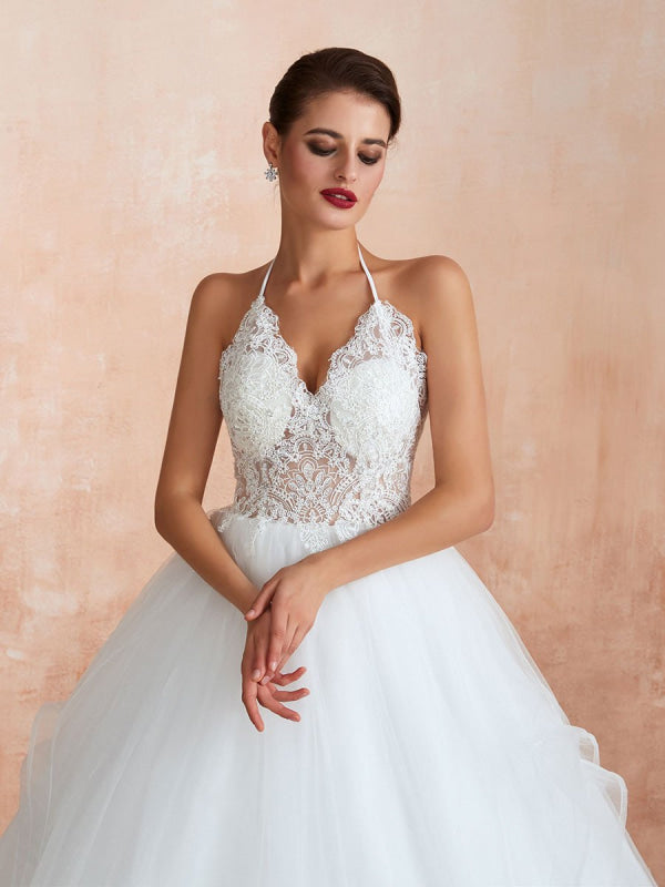 Halter Sleeveless Floor Length Lace Tulle Bridal Gowns With Train