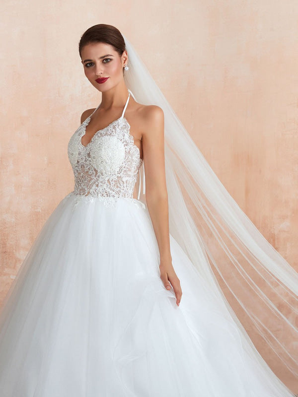 Halter Sleeveless Floor Length Lace Tulle Bridal Gowns With Train