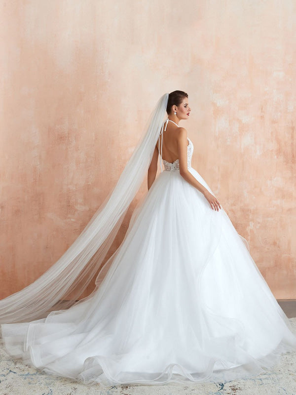Halter Sleeveless Floor Length Lace Tulle Bridal Gowns With Train