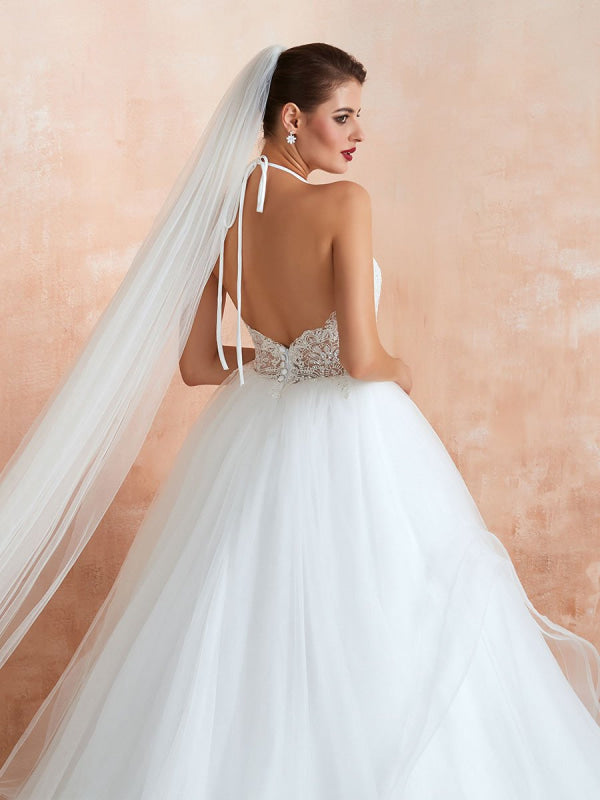 Halter Sleeveless Floor Length Lace Tulle Bridal Gowns With Train