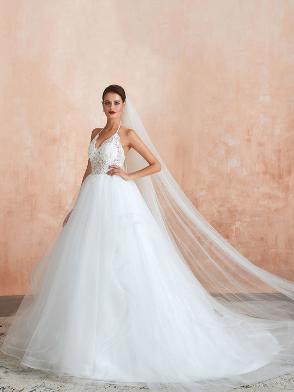 Halter Sleeveless Floor Length Lace Tulle Bridal Gowns With Train