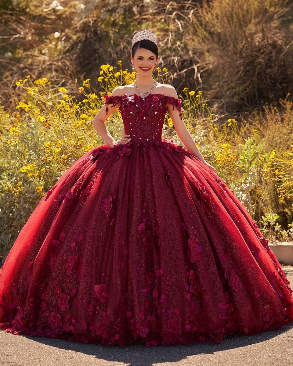 Ball Gown Organza Off The Shoulder Burgundy Quinceanera Dress