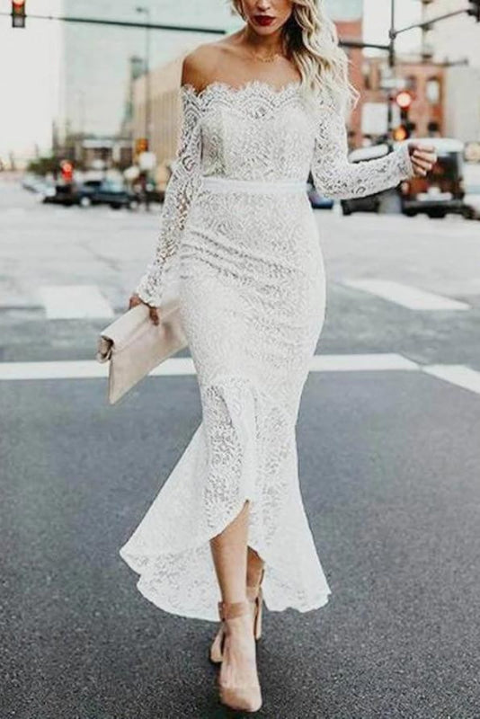 High Low Long Sleeves Mermaid Off the Shoulder Lace Wedding Dress