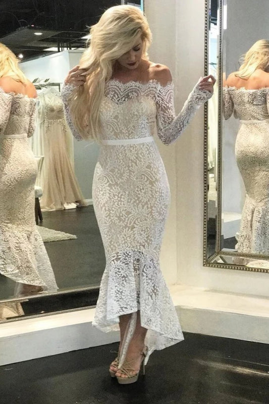 High Low Long Sleeves Mermaid Off the Shoulder Lace Wedding Dress