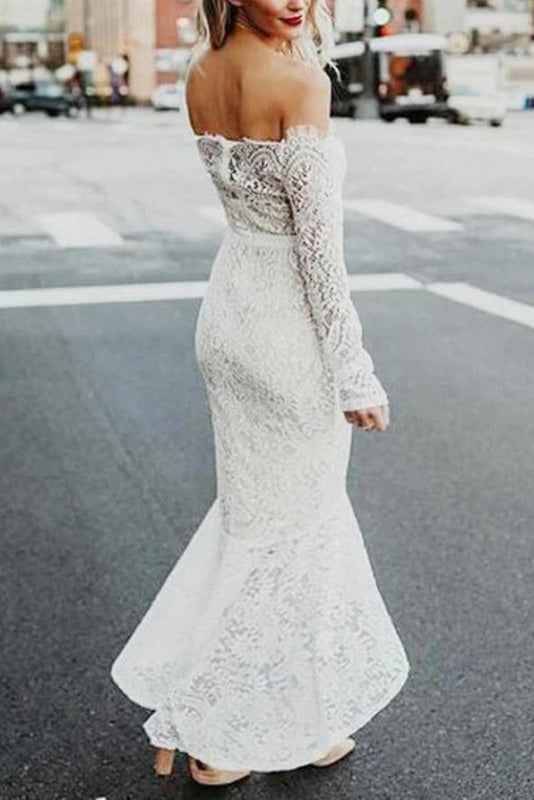 High Low Long Sleeves Mermaid Off the Shoulder Lace Wedding Dress
