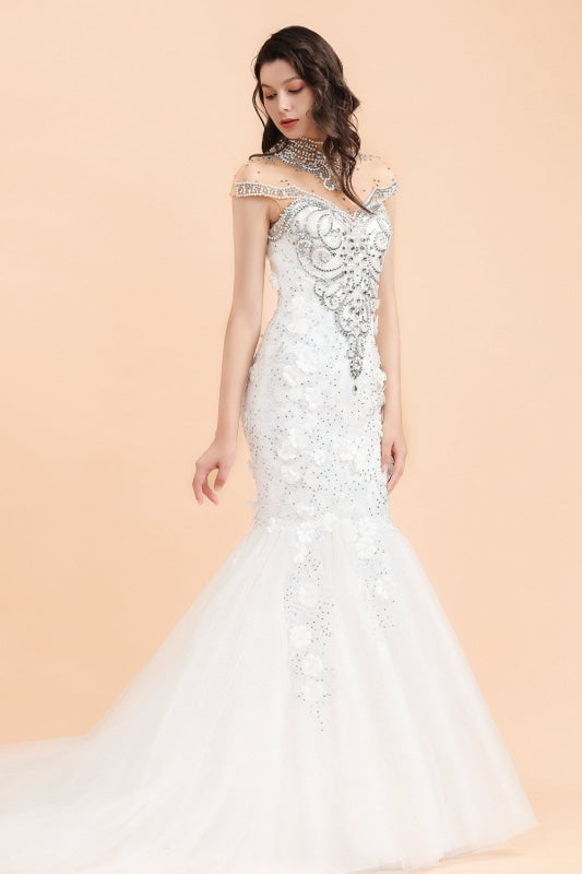 High Neck Appliques Crystal Beads Tulle Mermaid Wedding Dress