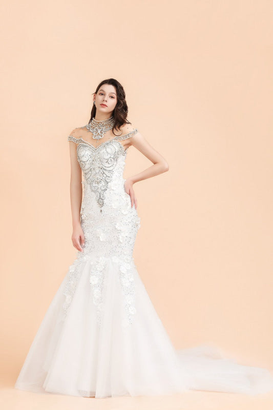 High Neck Appliques Crystal Beads Tulle Mermaid Wedding Dress
