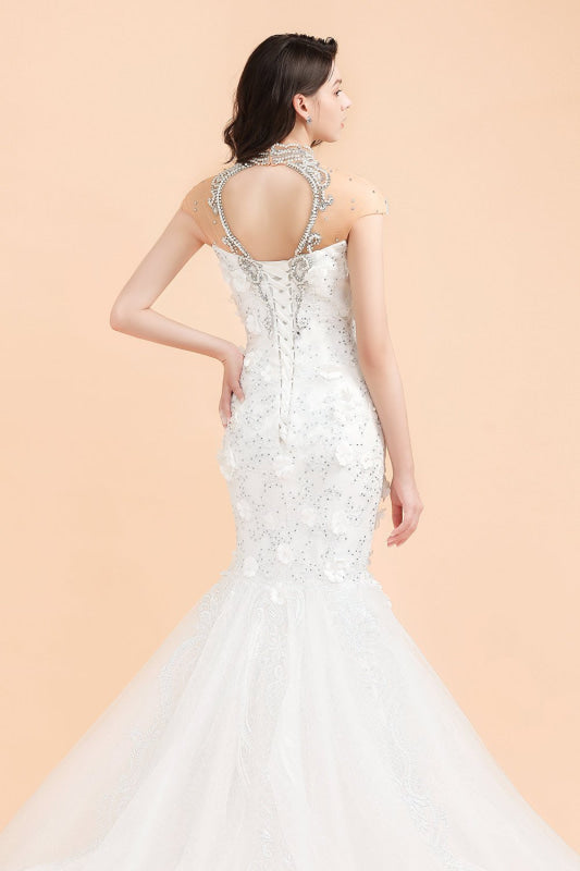 High Neck Appliques Crystal Beads Tulle Mermaid Wedding Dress