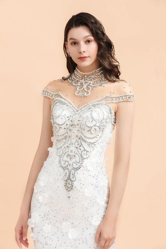 High Neck Appliques Crystal Beads Tulle Mermaid Wedding Dress