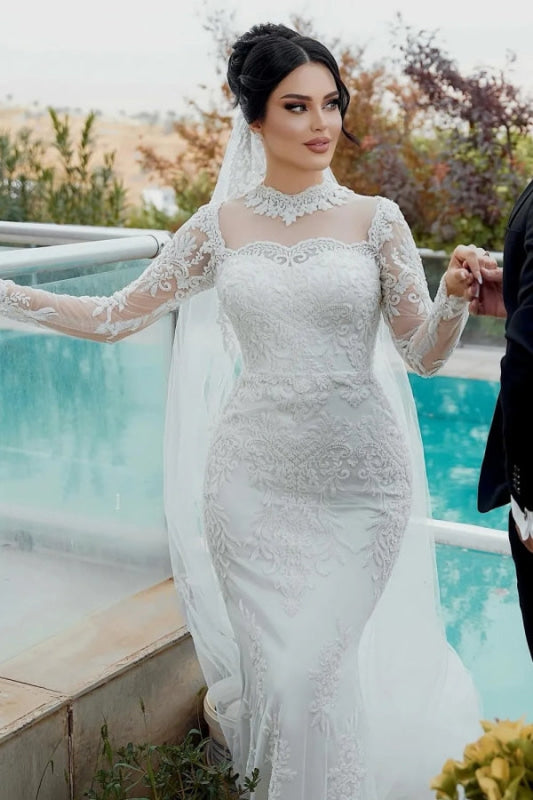 High Neck Lace Mermaid Wedding Dress Tulle Appliques Bridal Gown with Sleeves