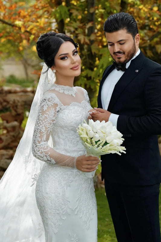 High Neck Lace Mermaid Wedding Dress Tulle Appliques Bridal Gown with Sleeves