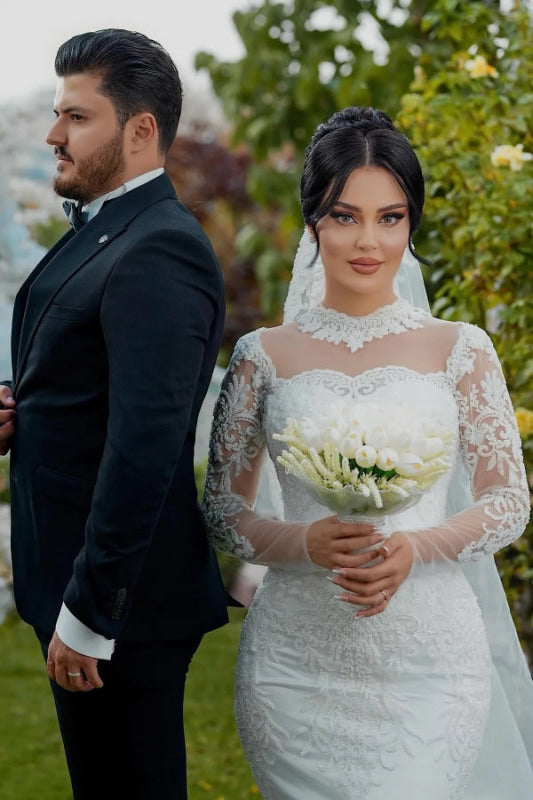 High Neck Lace Mermaid Wedding Dress Tulle Appliques Bridal Gown with Sleeves