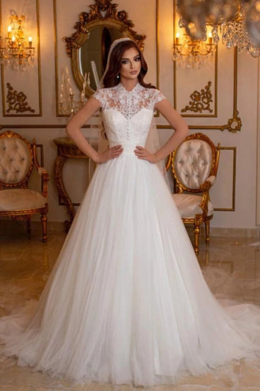 High Neck Tulle Long Lace A-line Wedding Dress Cap Sleeves