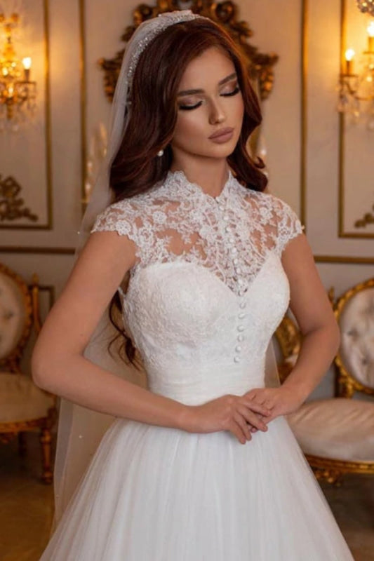 High Neck Tulle Long Lace A-line Wedding Dress Cap Sleeves