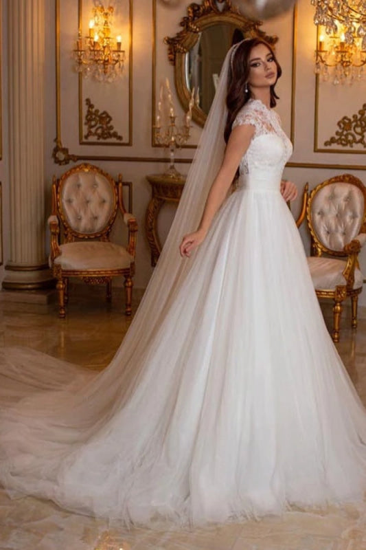 High Neck Tulle Long Lace A-line Wedding Dress Cap Sleeves