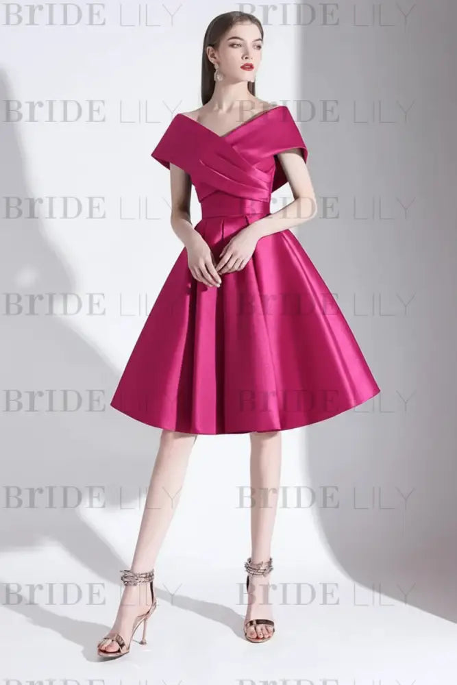Off-the-Shoulder Knee-Length Evening Dress A-Line V-Neck Pleated Satin Cocktail Dress Little Black Dress