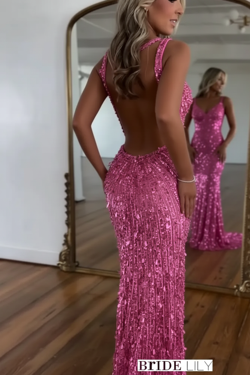 Glitter Sequins Sleeveless V Neck Prom Dress Long with Split
