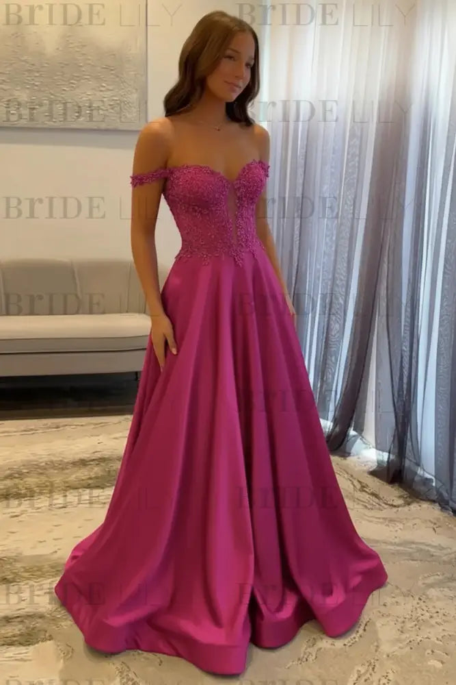 Off-the-Shoulder A-line Evening Dress Lace Prom Dress Long
