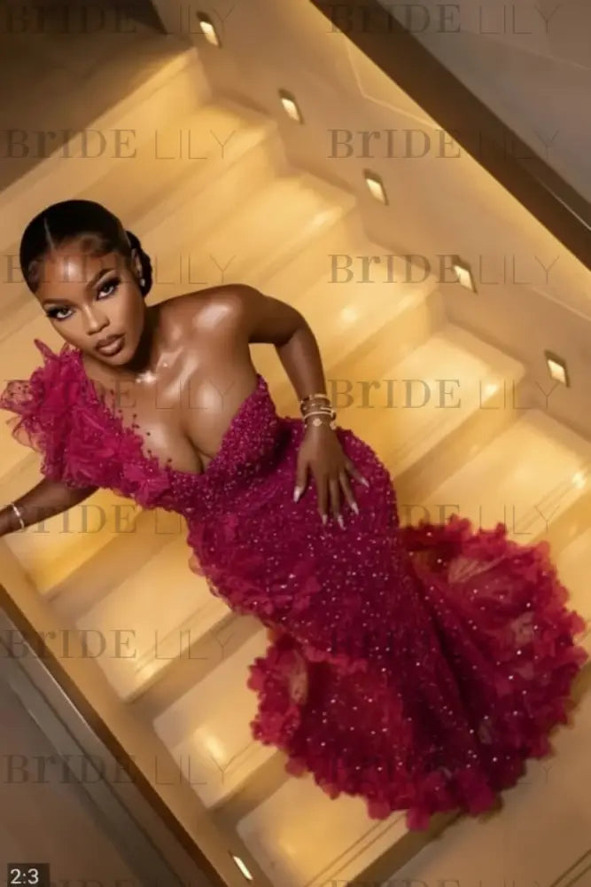 One Shoulder Sequins Prom Dress Mermaid Beadings Evening Gown Long