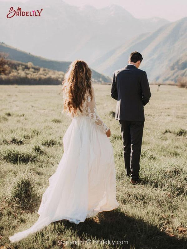 Boho Wedding Dresses tulle Aline with Long Sleeve