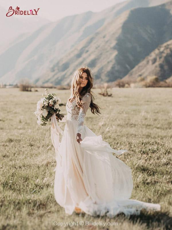 Boho Wedding Dresses tulle Aline with Long Sleeve