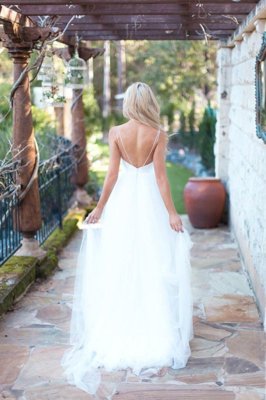 Summer Boho Beach Tulle Spaghetti Straps Wedding Dress