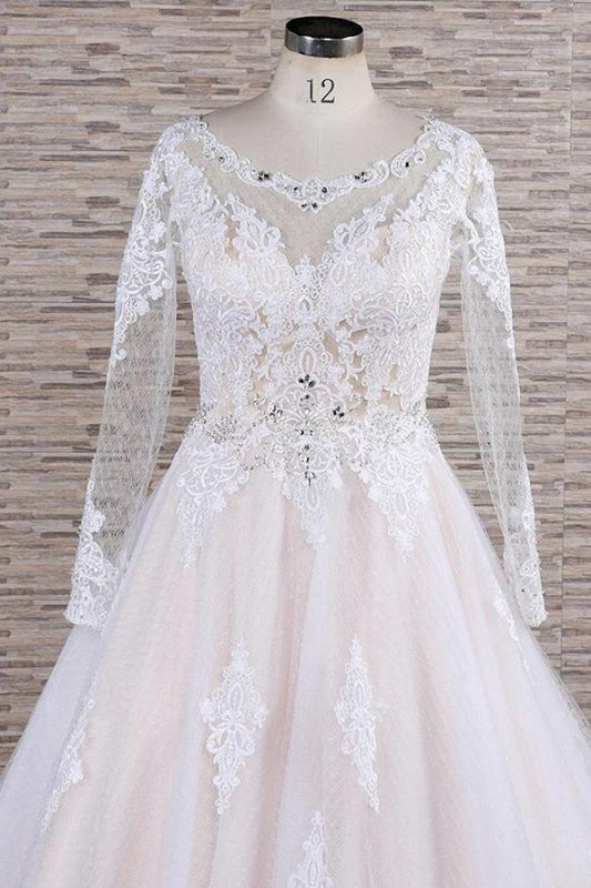 Illusion Appliques Long Sleeve Tulle Wedding Dress