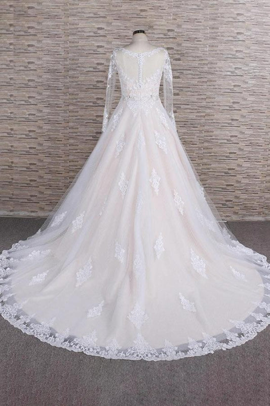 Illusion Appliques Long Sleeve Tulle Wedding Dress