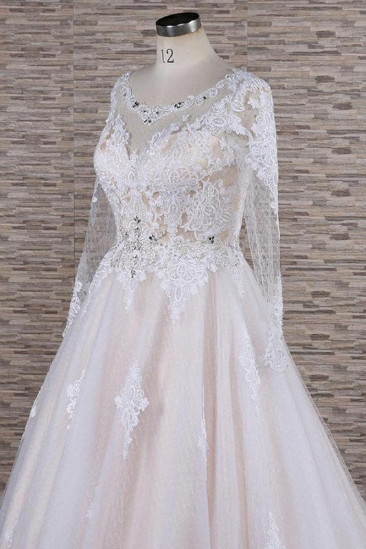 Illusion Appliques Long Sleeve Tulle Wedding Dress